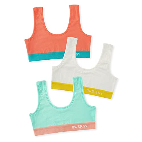 INNERSY BH Mädchen Teenager Bustier Baumwolle Sports Bra ohne Bügel Kinder Büstenhalter 3er Pack (L, Weiß/Rosa/Hellgrün) von INNERSY