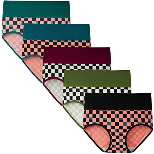 INNERSY Baumwoll Unterwäsche Damen High Waist Unterhosen Frauen Kaiserschnitt Schlüpfer 5 Pack (3XL, Schachbrett Mehrfarbig) von INNERSY