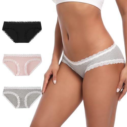 INNERSY Baumwoll Unterwäsche Damen Unterhosen mit Spitze Sexy Schlüpfer Frauen Slips Mehrpack 3 (XL, Rosa/Grau/Schwarz) von INNERSY