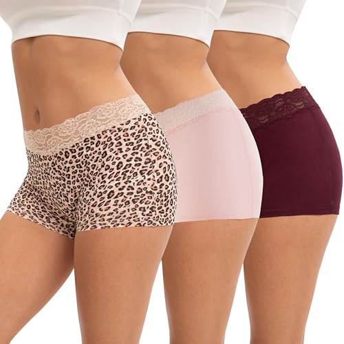 INNERSY Boxershorts Damen Baumwolle Spitzen Unterhose mit Bein Unterrock Shorts Kurz Mehrpack 3 (S, Dunkelrot/Rosa/Leopard) von INNERSY
