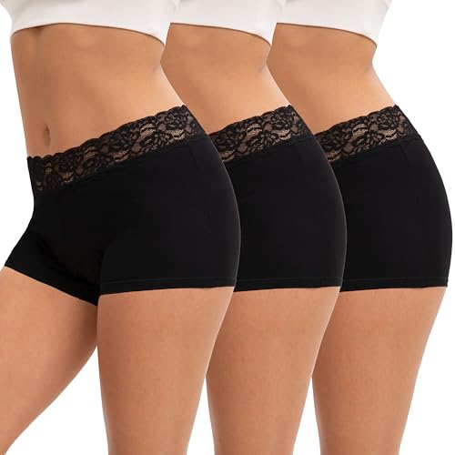 INNERSY Boxershorts Damen Schwarz Unterhosen mit Bein Baumwolle Spitze Hipster Pantys 3er Pack(S, 3 Schwarz) von INNERSY
