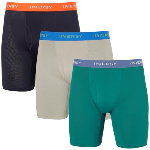 INNERSY Boxershorts Herren Lang Unterhosen Männer mit Eingriff Atmungsaktiv Unterwäsche 3er Pack (L, Hellgrau/Pfauenblau/Dunkelblau) von INNERSY