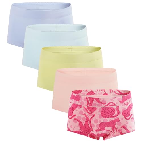 INNERSY Boxershorts Mädchen Baumwolle Unterhosen mit Bein Teenager Unterwäsche Kinder 5er Pack (12-14 Jahre, 1 Leopard/4 Macaron Farben‌) von INNERSY