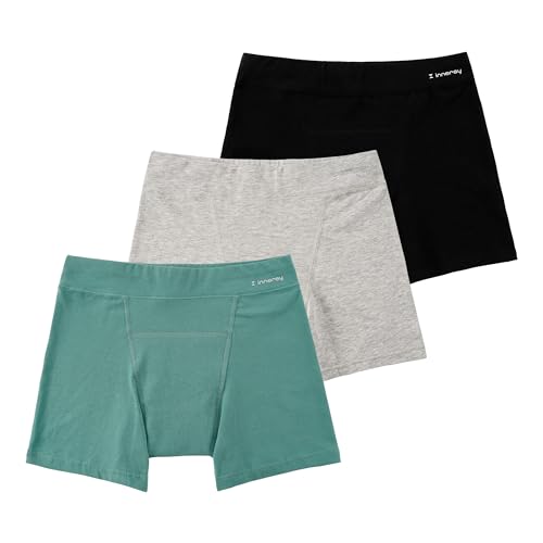 INNERSY Boxershorts Mädchen Perioden Unterwäsche Boyshort Pantys Menstruation Schlüpfer 3 Pack (10-12 Jahre, Grau/Grün/Schwarz) von INNERSY