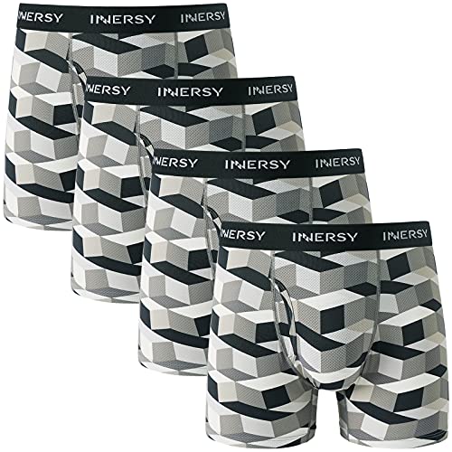 INNERSY Bunte Boxershorts Herren mit Eingriff Unterhosen Männer Schnelltrocknende Trunks 4er Pack (M, Grauschwarzer Würfel) von INNERSY