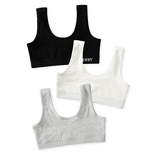 INNERSY Bustier Mädchen Baumwolle Sport BH Teenager Schwarz Weiß Grau Kinder Unterwäsche 3 Pack (L, Klassische Farbe) von INNERSY