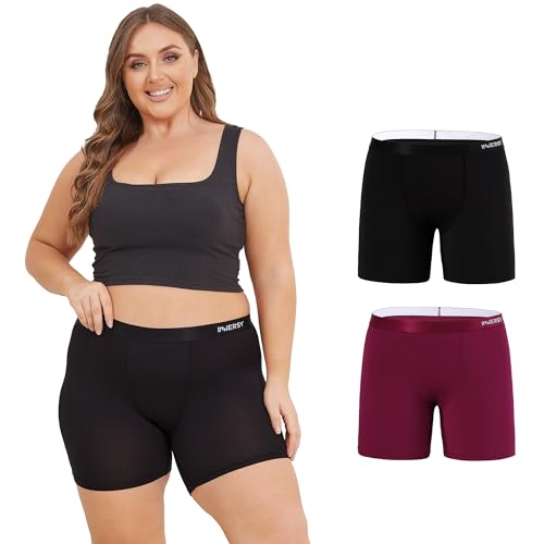 INNERSY Damen Boxershorts Unterwäsche Übergröße Unterhosen mit Bein Mikrofaser Pantys 2er Pack (48-50, Schwarz/Burgunderrot) von INNERSY