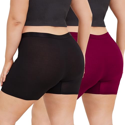 INNERSY Damen Boxershorts Unterwäsche Übergröße Unterhosen mit Bein Mikrofaser Pantys 2er Pack (60-62, Schwarz/Burgunderrot) von INNERSY