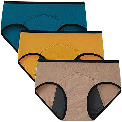 INNERSY Damen Perioden Unterwäsche Starke Blutung Extra-Schutz Menstruationsunterwäsche 3 Pack (XL, Blauer See/Khaki/Innersy Orange) von INNERSY