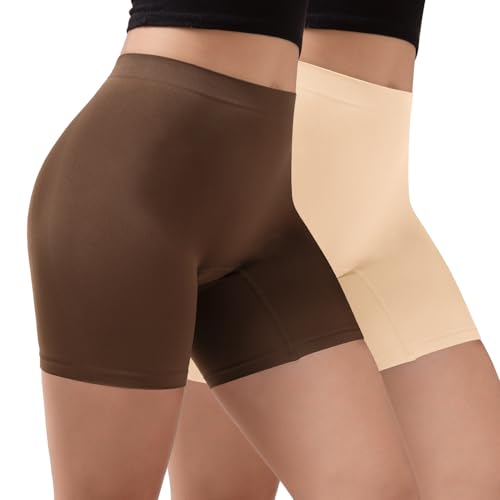 INNERSY Damen Radlerhose Kurz Hosen unter Rock Anti Chafing Boxershorts Unterkleid Mehrpack 2 (XXL/46 EU, Braun/Beige) von INNERSY
