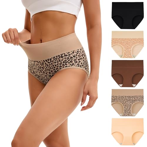INNERSY Damen Slip Baumwolle High Waist Unterhosen Postpartum Winter Unterwäsche Hüftslips 5er Pack (M, 2 Leopard/Schwarz/Braun/Hautfarben) von INNERSY