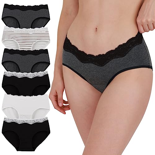 INNERSY Damen Slips Mehrpack Spitzenbesatz Unterhosen Mittlere Taille 6er Pack (40, Schwarz/Grau/Weiß/Streifen) von INNERSY