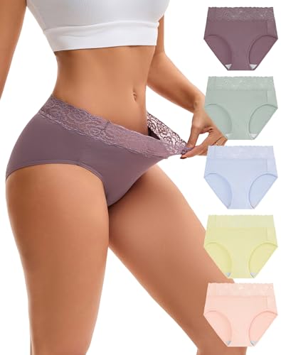 INNERSY Damen Slips mit Spitze Unterhosen Frauen Taillenslip Baumwolle Panty Unterwäsche 5 Pack (L, Hell Mehrfarbig) von INNERSY