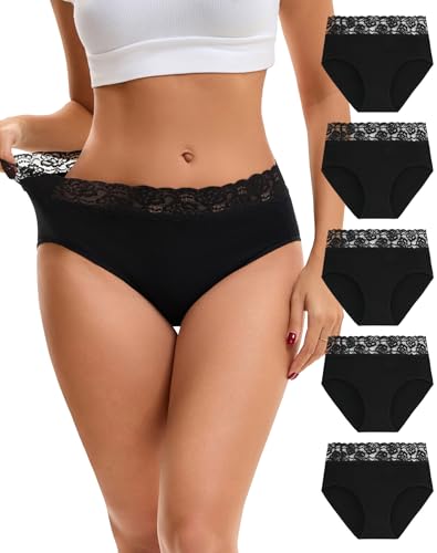 INNERSY Damen Unterhosen Baumwolle Schwarz Pantys High Waist Slips mit Spitze Unterwäsche 5er Pack (3XL, 5 Schwarz) von INNERSY