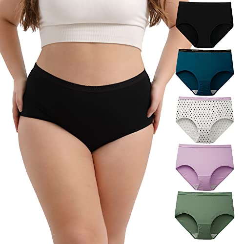 INNERSY Damen Unterhosen Große Größen Slips Baumwolle Hohe Taille Unterwäsche Übergröße 5er Pack (40-42, 4 Einfarbig Mehrfarbig/1 Punkt) von INNERSY