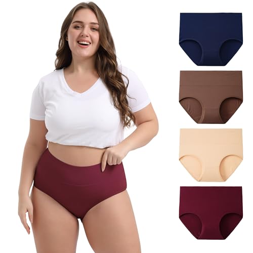 INNERSY Damen Unterhosen Große Größen Unterwäsche Hohe Taille Slips Mehrpack Baumwolle 4 Pack (48-50, Beige/Marineblau/Dunkelrot/Braun) von INNERSY