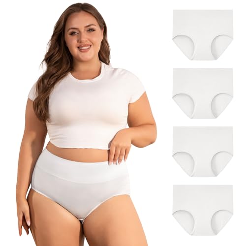 INNERSY Damen Unterhosen Große Größen Weiß Baumwolle High Waist Übergrößen Unterwäsche 4er Pack (48-50, Weiß) von INNERSY