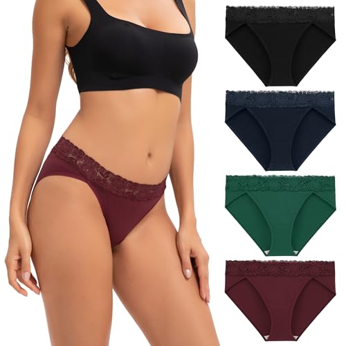 INNERSY Damen Unterhosen Hoher Beinausschnitt Hipster Unterwäsche Baumwolle Slip Spitze 4 Pack (L, Klassische Dunkle Farben) von INNERSY
