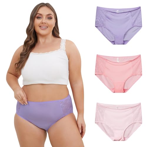 INNERSY Damen Unterwäsche Große Größen Unterhosen Spitze High Waist Slip Schlüpfer Microfaser 3 Pack (44-46, Lila/Rosa/Hellrosa) von INNERSY