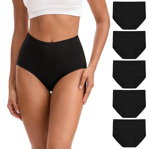 INNERSY Unterhosen Damen Schwarz High Waist Slips Baumwolle Postpartum Unterwäsche Frauen 5 Pack (S, Schwarz) von INNERSY