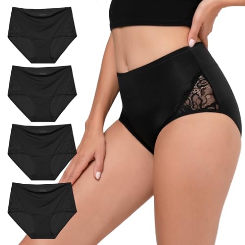 INNERSY Damen Unterwäsche Schwarz Spitzen High Waist Mikrofaser Dünne Unterhosen Frauen 4 Pack (L, 4 Schwarz) von INNERSY
