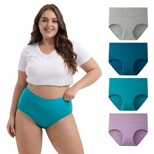 INNERSY Große Größen Damen Unterhosen Panty High Waist Hipster Frauen Kaiserschlüpfer 4 Pack (44-46, Blau/Grau/Grün/Lila) von INNERSY