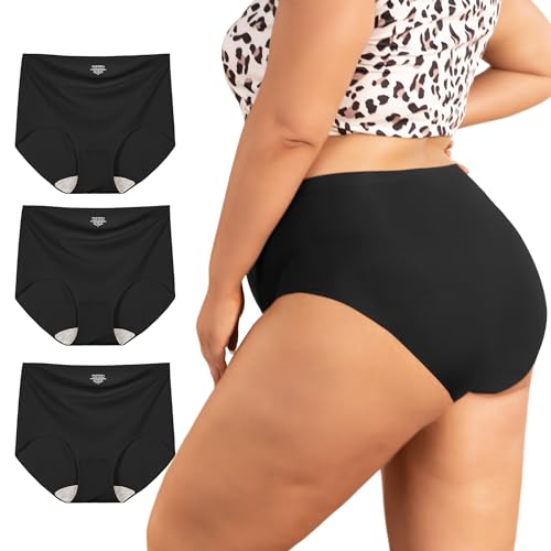 INNERSY Große Größen Nahtlose Unterwäsche Damen Schwarz High Waist Polyamid Dünn Maxislips 3 Pack (48-50, 3 Schwarz) von INNERSY