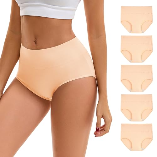 INNERSY Hautfarbene Unterwäsche Damen Unterhosen High Waist Slip Panty Baumwolle Frauen 5er Pack (L, Beige) von INNERSY