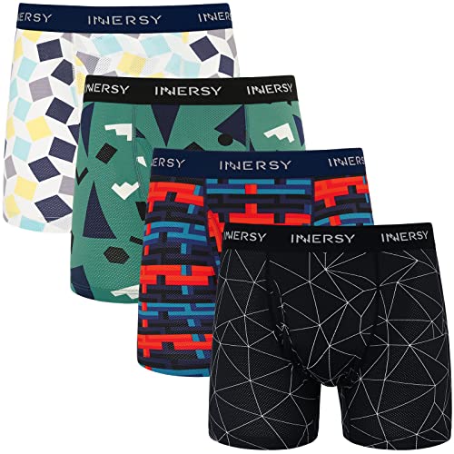 INNERSY Herren Boxershorts mit Eingriff Nylon Unterhosen Männer Bunt Mesh Retroshorts Mehrpack 4 (S, Bunte Geometrie) von INNERSY