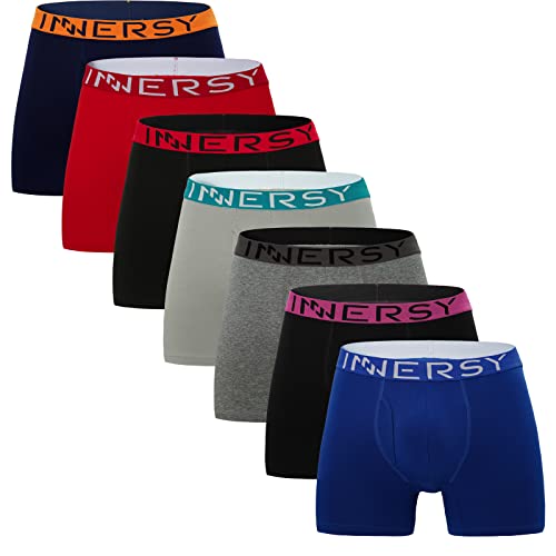 INNERSY Herren Unterhosen Boxershorts mit Eingriff Unterwäsche Männer Lang Retroshorts 7 Pack (M, Bunt mit Kontrastpaspelierung) von INNERSY