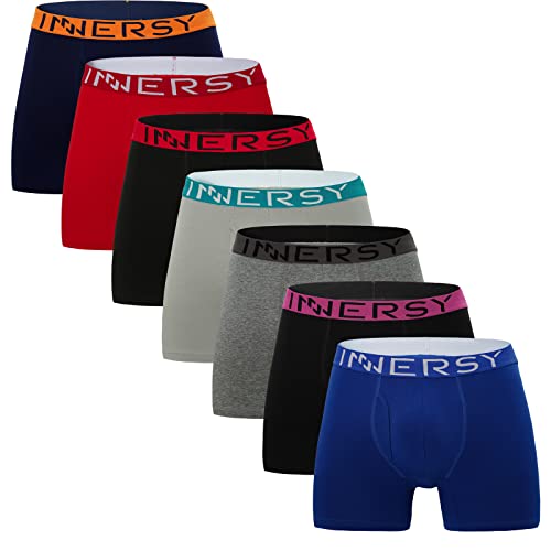 INNERSY Herren Unterhosen Boxershorts mit Eingriff Unterwäsche Männer Lang Retroshorts 7 Pack (XL, Bunt mit Kontrastpaspelierung) von INNERSY