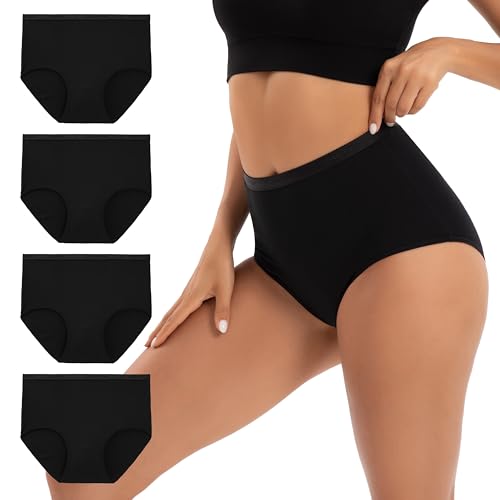 INNERSY High Waist Unterhosen Damen Schwarz Taillenslip Baumwolle Weich Slip Hohe Taille 4er Pack (L, 4 Basic Schwarz) von INNERSY