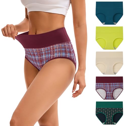 INNERSY High Waist Unterhosen für Damen Slips Mehrpack Baumwoll Unterwäsche Taillenslip 5 Pack (S, Retro Mehrfarbig) von INNERSY