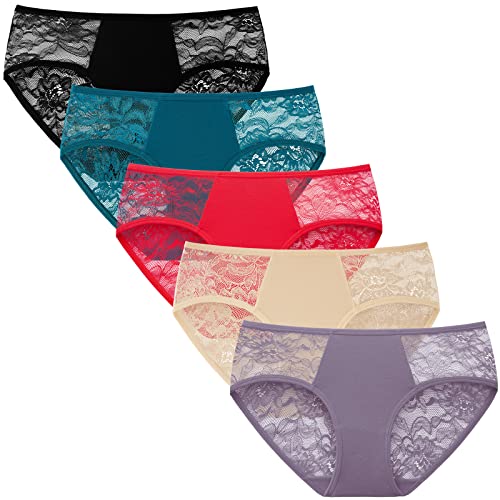 INNERSY Hipster Damen Spitze Bequeme Unterhosen Sexy Unterwäsche Frauen Slips Mehrpack 5 Pack (M, Beige/Blau/Rot/Lila/Schwarz) von INNERSY