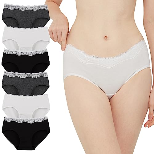 INNERSY Hipster Unterwäsche Damen mit Spitze Weich Baumwolle Slips 6er Pack (36, Schwarz/Weiß/Grau) von INNERSY
