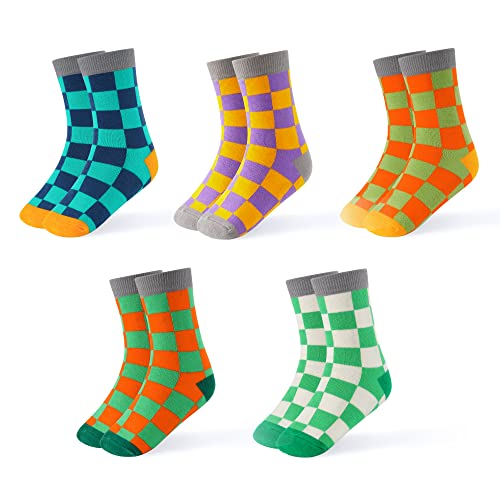 INNERSY Kinder Socken Jungen Mädchen Mittelhohe Strümpfe Baumwolle Bunte Kindersocken Pack of 5 (23-26, Mehrfarbig Karierte) von INNERSY