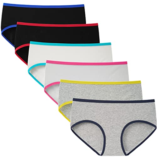 INNERSY Mädchen Unterwäsche Teenager Unterhosen Baumwolle Sport Bequeme Schlüpfer 6er Pack (L(Mädchen 12-14 Jahre alt), Schwarz/Weiß/Grau) von INNERSY