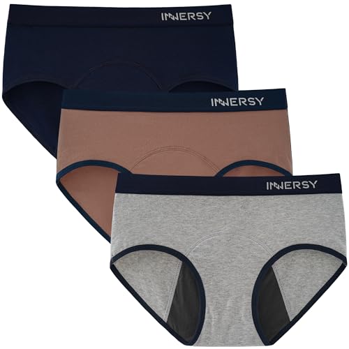 INNERSY Menstruation Unterwäsche Baumwolle Periodenslip Auslaufsicher Inkontinenz Slip Damen 3 Pack (L, Marineblau/Meliert grau/Braun) von INNERSY