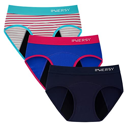 INNERSY Menstruationsunterwäsche Mädchen Perioden Unterwäsche Teens Slip Period Underwear 3er Pack (12-14 Jahre, Marineblau+Royalblau+Streifen) von INNERSY