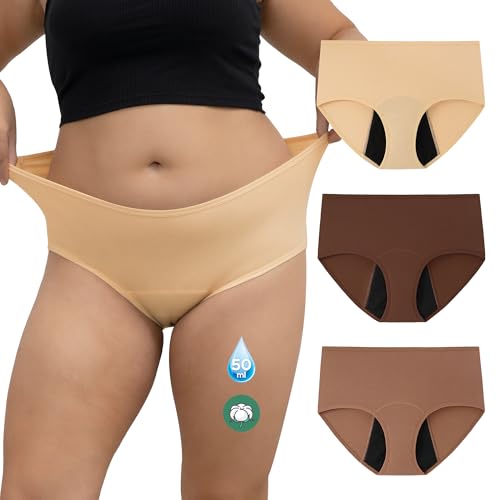 INNERSY Menstruationsunterwäsche Starke Blutung Große Größen Periode Panties Inkontinenz Slip 3 Pack(56-58, Beige/Braun/Kaffee) von INNERSY