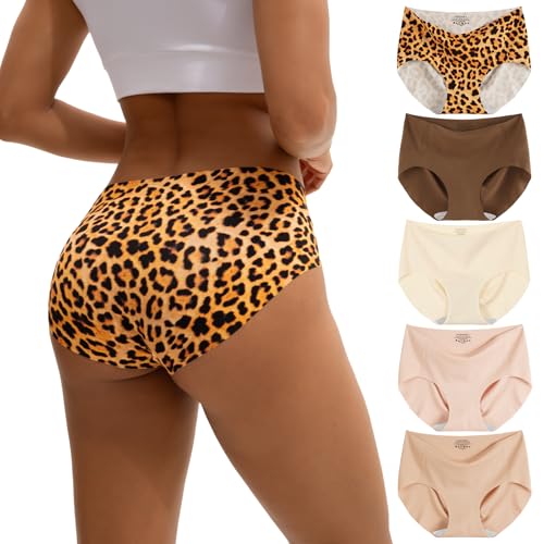 INNERSY Nahtlose Unterwäsche Damen Microfaser Invisible Unterhosen Seamless Slip Weich 5er Pack (XL, Maillard Farben/1 Leopard) von INNERSY