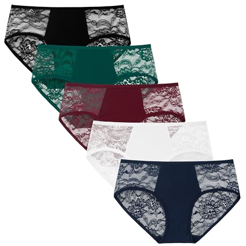 INNERSY Pantys Damen Spitze Nylon Slips Mehrpack Sexy Unterhosen Baumwolle Panties 5er Pack (XL, Schwarz/Weiß/Marineblau/Rot/Grün) von INNERSY