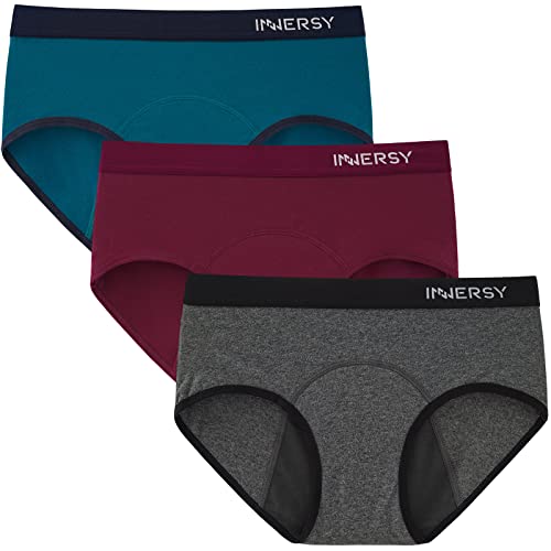 INNERSY Perioden Unterwäsche Damen Menstruationsslip Mädchen Erste Set Wochenbett Panties 3er Pack (M, Grau/Weinrot/Blau) von INNERSY