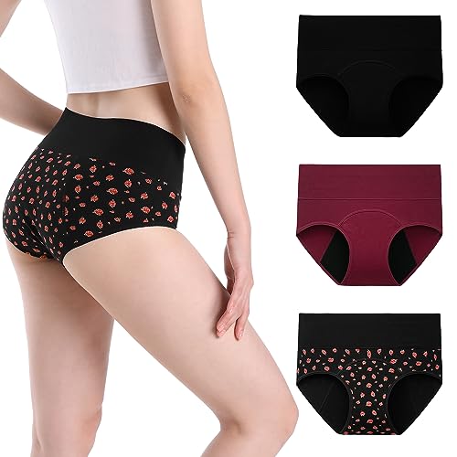 INNERSY Perioden Unterwäsche High Waist Damen Menstruationsunterwäsche Baumwolle Slip 3 Pack (40, Schwarz/Dunkelrot/Rose Druck) von INNERSY