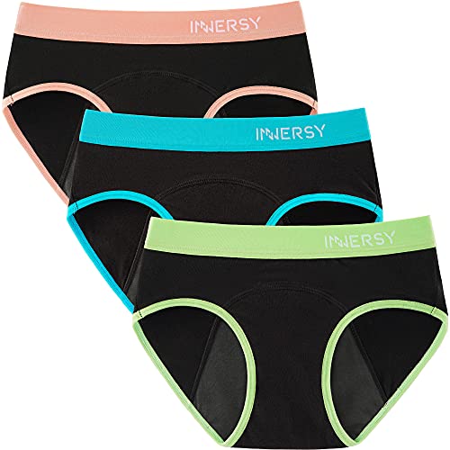 INNERSY Perioden Unterwäsche Mädchen Baumwolle Auslaufsicher Unterhosen Teenager 3er Pack (12-14 Jahre, Buntes Schwarz) von INNERSY