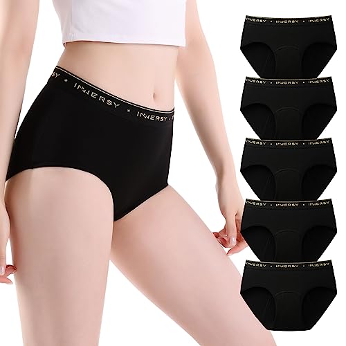 INNERSY Perioden Unterwäsche Schwarz Damen Menstruation Slip High Waist Periodenslip Baumwolle 5 Pack (40, 5 Schwarz) von INNERSY