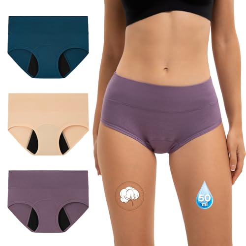 INNERSY Perioden Unterwäsche Starke Blutung High Waist Menstruation Slip Periode Panties 3 Pack(L, Blau/Beige/Lila) von INNERSY