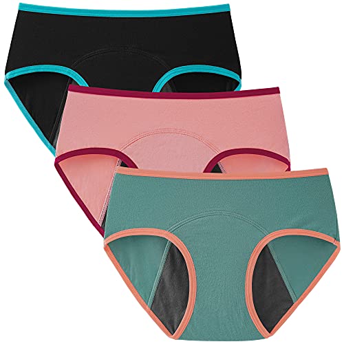 INNERSY Perioden Unterwäsche Teenager Mädchen Unterhosen Menstruation Period Panties 3er Pack (14 Jahre, Schwarz/Grün/Rosa) von INNERSY