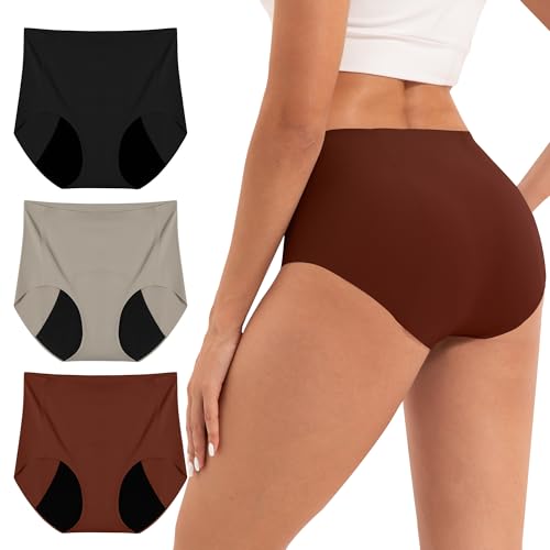 INNERSY Periodenunterschwäsche Seamless Unterhosen Nahtlos Hohe Taille Unsichtbare Slips 3er Pack (M, Schwarz/Rot/Grau) von INNERSY