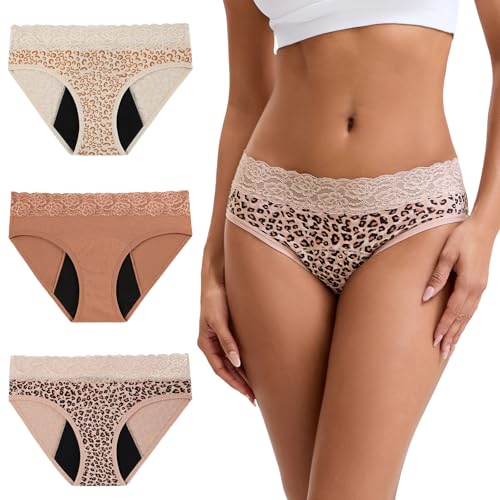 INNERSY Periodenunterschwäsche Spitze Menstruation Unterwäsche Baumwolle Periode Slip 3er Pack (M, 1 Rotbraun/2 Leopard) von INNERSY